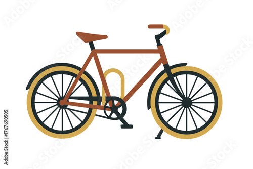 Stylized classic commuter bicycle with brown frame and yellow tires isolated on white