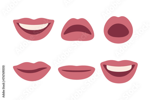 Six human mouth and lip expressions showing various emotions and speaking positions