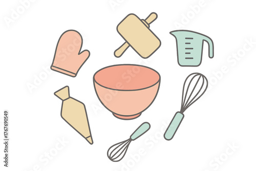 Colorful assortment of baking tools including mixing bowl, rolling pin, whisk, and oven mitt