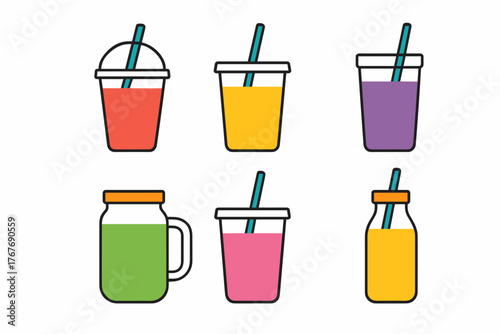 Six colorful takeaway drinks including smoothies, juices, and shakes in various packaging