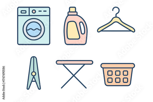 Household laundry equipment and cleaning supplies featuring washing machine and detergent