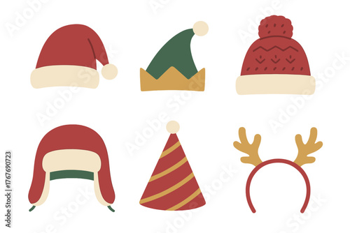 Festive winter and Christmas headwear set including Santa hat, elf cap, knitted beanie, and reindeer antlers