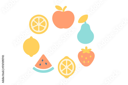 Assortment of fresh colorful fruits and citrus slices arranged in a circular pattern