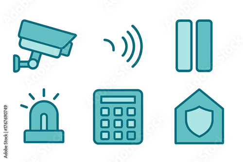 Set of security and surveillance symbols featuring camera, alarm, keypad, and home protection graphics