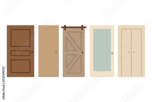 Collection of various interior doors including paneled, flush, sliding barn door, glass panel, and closet doors