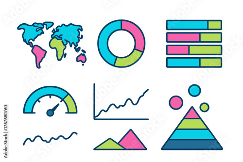 Business analytics and financial data visualization set with charts and global map