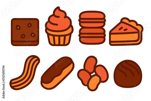 Collection of delicious baked goods and chocolate candies in a simple graphic style