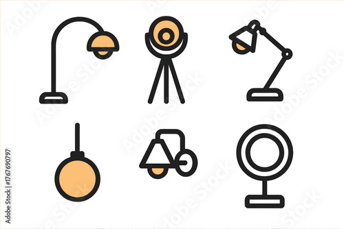 Modern lighting fixtures set including floor lamps, desk lights, and studio equipment