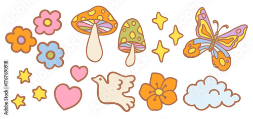 Vintage vector set icons of groovy elements in 1970s retro style. Hippie icons in retro funky style.