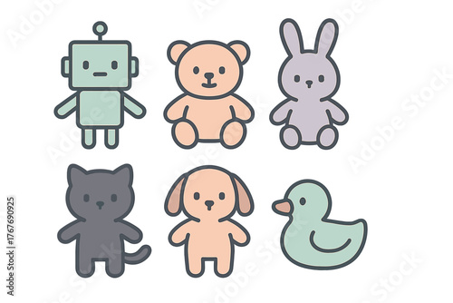 Six simple pastel colored toy characters including robot teddy bear rabbit cat dog and duck