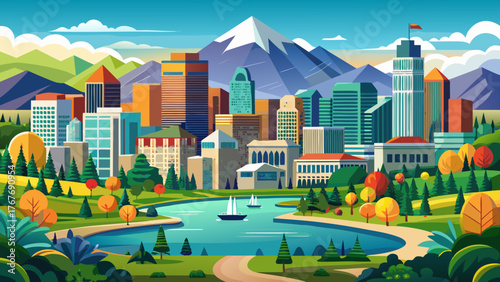 Very beautiful, Denver, Colorado downtown with City Park, showcasing modern skyline, green open spaces, lakes, and mountain backdrop, capturing the perfect blend of urban life and natural beauty.