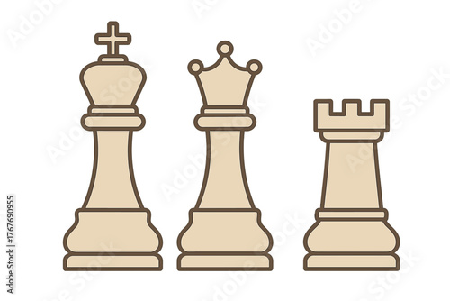Stylized traditional chess pieces: king, queen, and rook standing together
