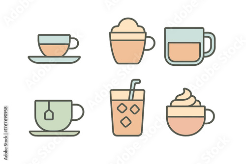 Stylized set of hot and cold beverage icons including coffee, tea, and iced drinks