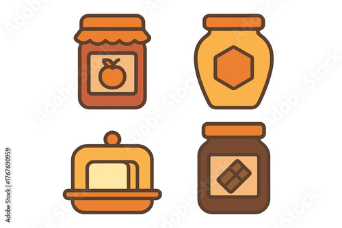 Collection of breakfast spreads including fruit jam, natural honey, chocolate spread, and butter