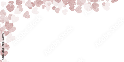 Pink hearts frame made of confetti glitter hearts on left corner, design element.