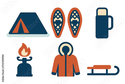 Essential winter outdoor gear set: tent, snowshoes, thermos, stove, jacket, and sled