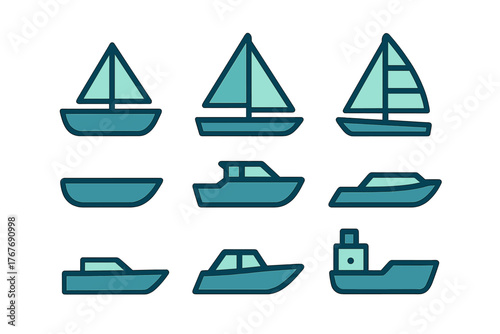 Collection of water transport icons featuring sailboats, motorboats, and cargo ships