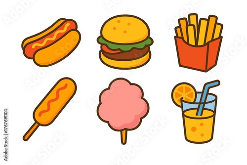 Set of popular fast food and carnival snack icons including burger, hot dog, fries, and cotton candy