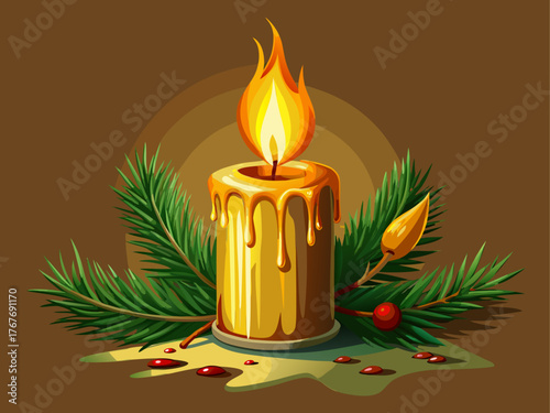 realistic vector of burning Christmas candle with melted wax, pine leaves, warm light, isolated on plain background