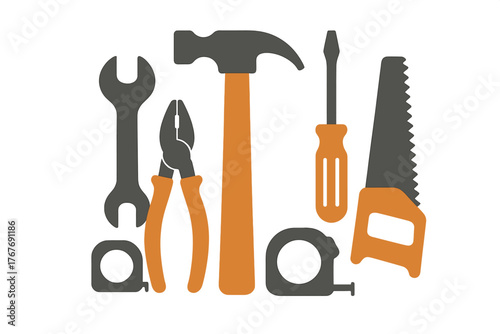 Essential construction and DIY hand tools including hammer, saw, wrench, and measuring tape