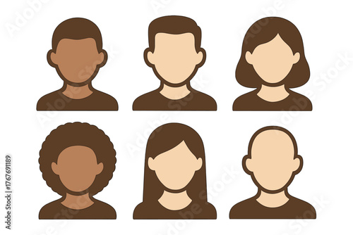 Set of six diverse profile icons representing various genders and skin tones for user interface design