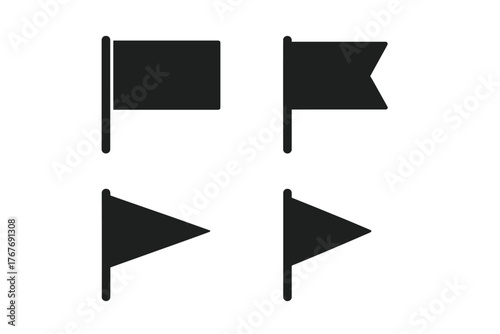 Four black flag symbols in different shapes and styles used for location markers or goals