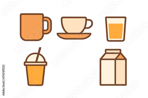 Common beverage containers and cups including mug, teacup, glass, and milk carton