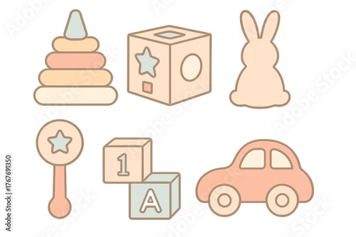 Collection of baby and toddler toys including stacking rings, shape sorter, blocks, rattle, and car