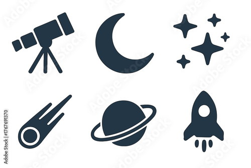 Dark blue astronomy and space exploration symbols set including telescope, moon, stars, planet, comet, and rocket