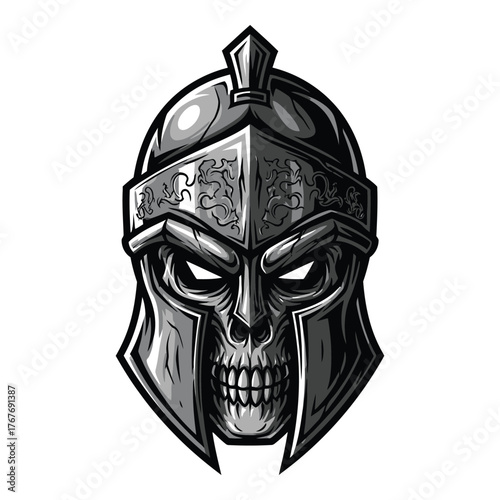 Detailed vector illustration of a skull wearing a spartan helmet, showcasing intricate bone details and a powerful, warriorlike design isolated on white background