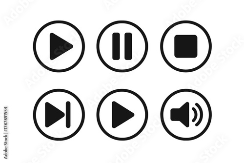 Essential media player control buttons set including play pause stop skip and volume symbols for modern interface design