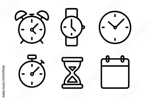 Set of outline symbols showing alarm clock wristwatch stopwatch hourglass and calendar