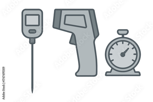 Essential measurement tools set featuring digital probe thermometer, infrared gun, and analog kitchen scale