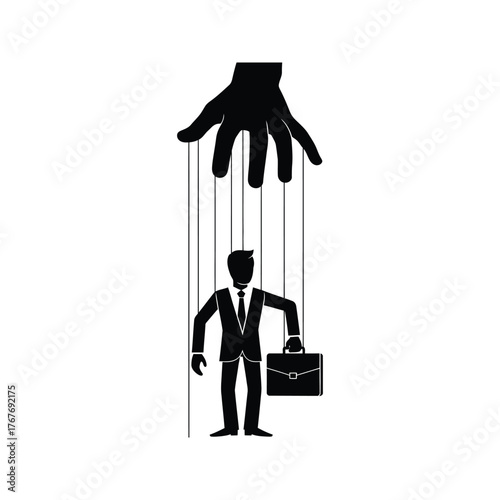 Silhouette of a businessman puppet controlled by a large hand with strings on a white background