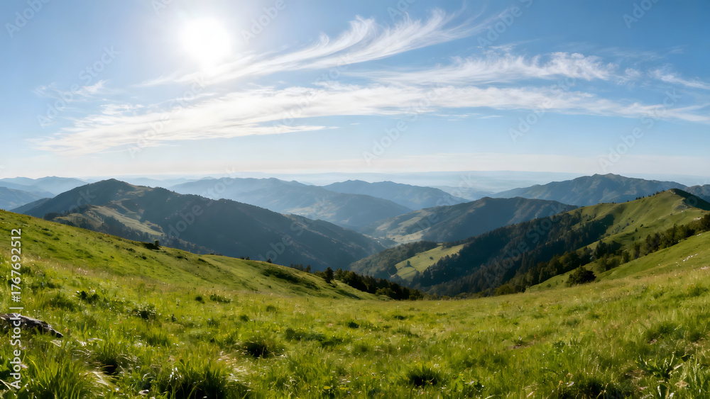 Naklejka premium Mountain landscape with sun and clouds
