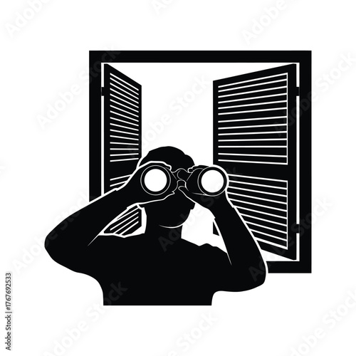 Silhouette of a person looking through binoculars from behind an open window with shutters