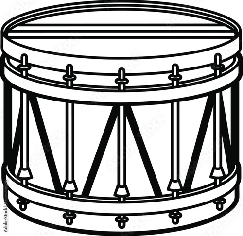 Snare drum illustration with lugs and tension rods, percussion instrument design, marching band music artwork, cad drawing flat vector illustration