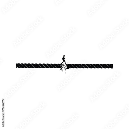 Silhouette of a person walking across a frayed and breaking rope bridge symbolizing risk and uncertainty