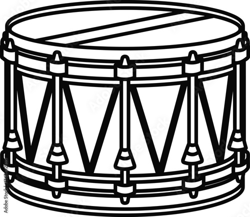 Snare drum with tension rods and rope design, percussion instrument illustration, marching band music artwork, cad drawing flat vector illustration