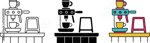Coffee machine illustration set minimal style coffee shop equipment and furniture