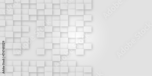 Random shifted white cube boxes block background wallpaper banner with copy space. Abstract mosaic background. White geometric abstract background with squares .

