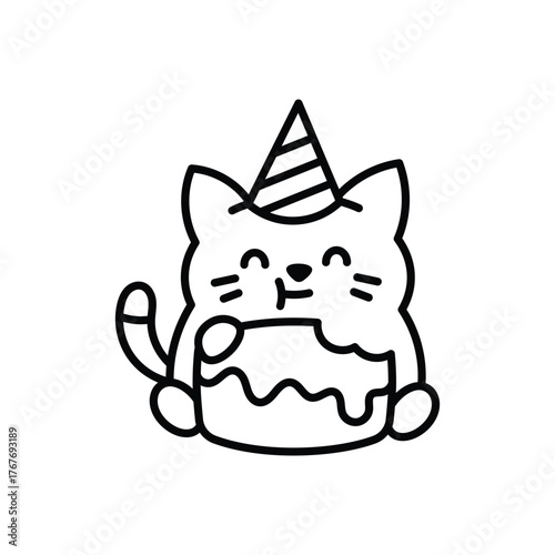A cartoon cat wearing a party hat eats cake