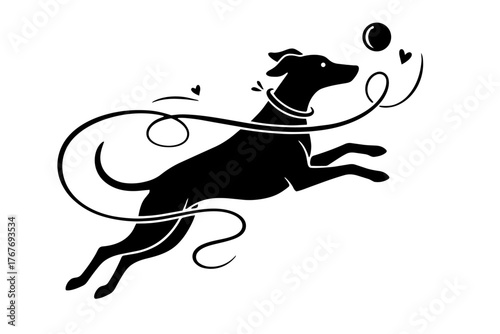  Silueta de un perro: un perro jugando con una pelota, vista de perfil, romántico, elegante, blanco y negro, diseño minimalista, ilustración vectorial. 