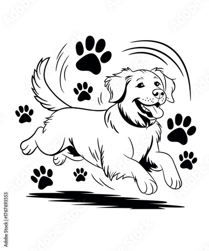 Happy Running Dog Golden Retriever with Paw Prints Outline