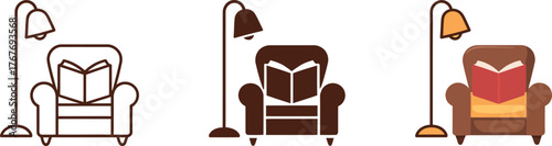 Comfortable Armchair with Open Book and Floor Lamp Illustration Set for Reading Nook