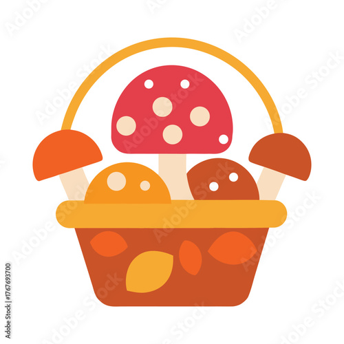 Cute Mushroom Basket Vector Illustration Autumn Harvest Fungi Flat Design Art.