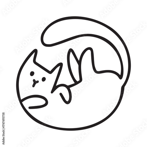 A line drawing of a cat curled in a circle with a head paws and a tail