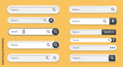 Collection of modern search bar designs for digital interfaces, showcasing sleek and minimalist UI elements for web and app development