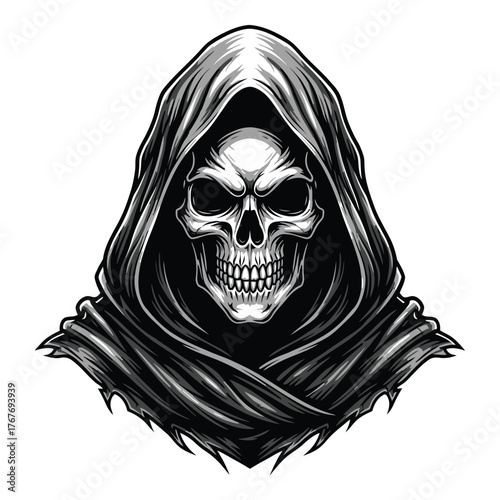 Grim reaper skull in a hood, a symbol of death and the macabre, perfect for halloween or gothic themes isolated on white background