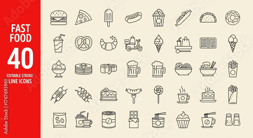 A comprehensive collection of 40 sleek, minimalist line icons representing popular fast food items, delicious desserts, and refreshing beverages, perfect for modern digital design projects